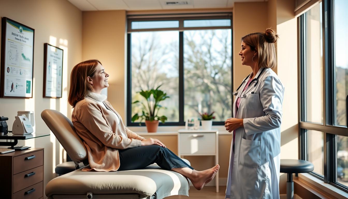 A warm, inviting medical office setting with a female patient sitting comfortably on an examination table, making eye contact with a compassionate female doctor standing nearby, ready to provide thorough, personalized care. The room is filled with natural light streaming through large windows, complemented by soft, soothing lighting. The walls display educational posters and certificates, conveying a sense of professionalism and expertise. The overall atmosphere exudes empathy, trust, and a commitment to women's health and well-being.