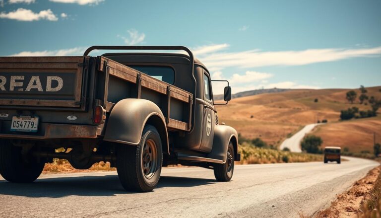 A weathered, artisan-crafted truck navigates a sun-dappled country road, its sturdy frame and customized cargo bed reflecting the owner's meticulous attention to detail. The vehicle's exterior sports a rugged, yet refined aesthetic, hinting at the specialized insurance coverage that protects this essential business asset. In the background, rolling hills and a vibrant, cloudless sky create a serene, pastoral atmosphere, conveying the sense of security and peace of mind that comes with tailored insurance protection for the artisan's dedicated work truck.