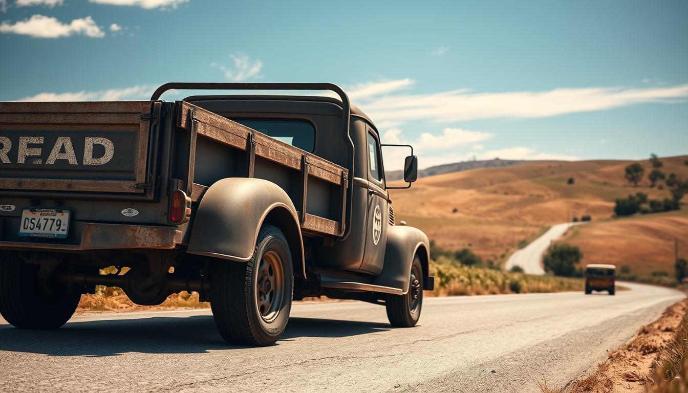 A weathered, artisan-crafted truck navigates a sun-dappled country road, its sturdy frame and customized cargo bed reflecting the owner's meticulous attention to detail. The vehicle's exterior sports a rugged, yet refined aesthetic, hinting at the specialized insurance coverage that protects this essential business asset. In the background, rolling hills and a vibrant, cloudless sky create a serene, pastoral atmosphere, conveying the sense of security and peace of mind that comes with tailored insurance protection for the artisan's dedicated work truck.