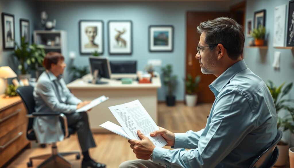 A well-lit, detailed medical office scene depicting the insurance claims process. In the foreground, a patient sits across from a claims adjuster, discussing paperwork and files. The middle ground showcases a reception desk with a computer and phone, while the background features medical equipment, wall art, and potted plants, creating a professional and welcoming atmosphere. The lighting is warm and subdued, with a soft focus effect, emphasizing the thoughtful and careful nature of the insurance claims process. The scene conveys a sense of trust, collaboration, and a commitment to guiding the patient through the complexities of their claim.