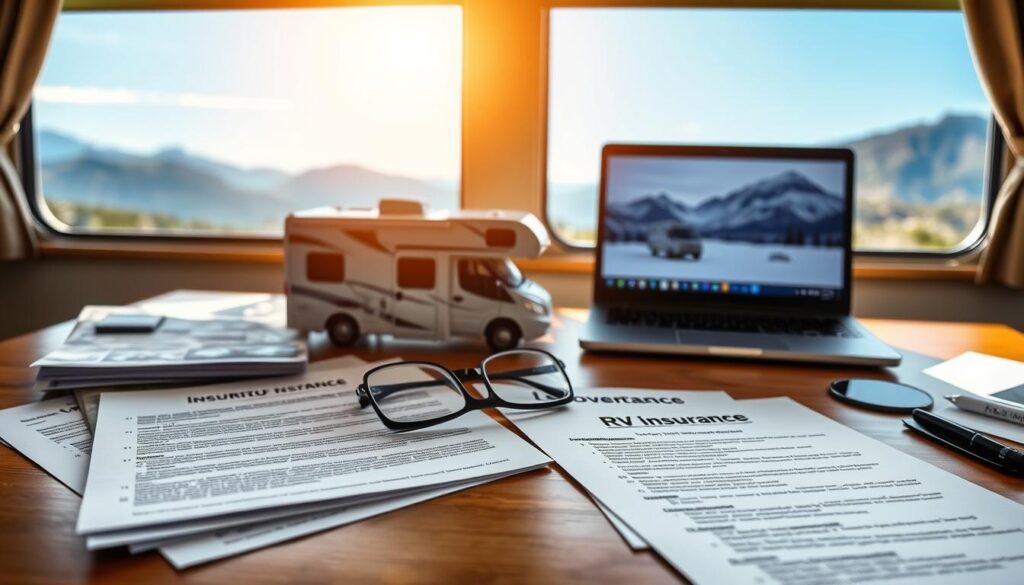 A well-lit, high-resolution image of various RV insurance coverage options presented on a wooden desk. In the foreground, several insurance policy documents, brochures, and a laptop displaying coverage details. In the middle ground, a model RV and a pair of reading glasses. The background features a window overlooking a scenic landscape with mountains and a clear blue sky, casting a warm, natural light across the scene. The overall mood is one of careful consideration and informed decision-making, reflecting the importance of selecting the right RV insurance policy.