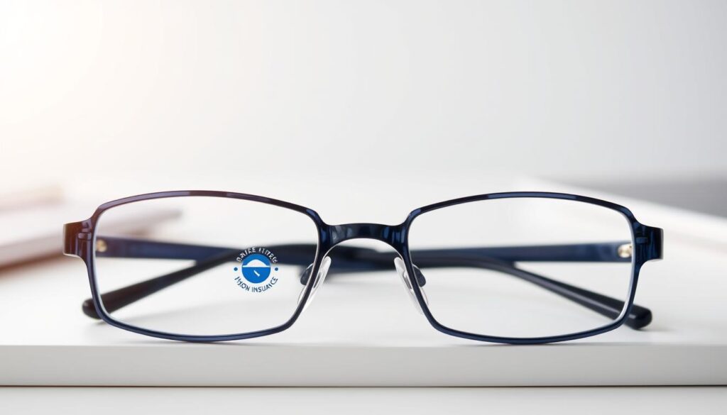 A well-lit, high-resolution photograph of a pair of eyeglasses with a distinctive vision insurance logo prominently displayed on the frames. The glasses are resting on a white, minimalist desk surface, with a soft, blurred background that suggests a modern, professional office setting. The lighting is soft and diffused, creating a sense of elegance and sophistication. The image should convey the idea of comprehensive, reliable vision coverage as a valuable AFSCME member benefit.