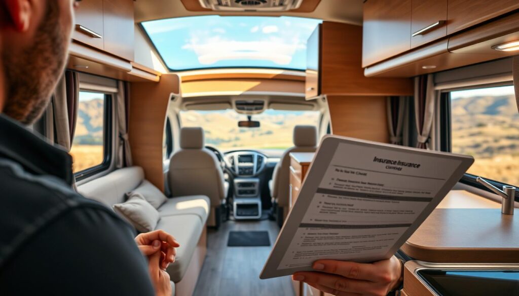 A well-lit interior of a modern RV, showcasing various insurance coverage options. In the foreground, a person reviewing insurance documents on a sleek digital tablet, their brow furrowed in concentration. In the middle ground, a panoramic view of the RV's amenities, from the cozy seating area to the compact kitchen. In the background, a serene landscape of rolling hills and a clear blue sky, conveying a sense of freedom and adventure. The lighting is warm and inviting, creating a welcoming atmosphere that reflects the importance of comprehensive RV insurance coverage for the perfect road trip.