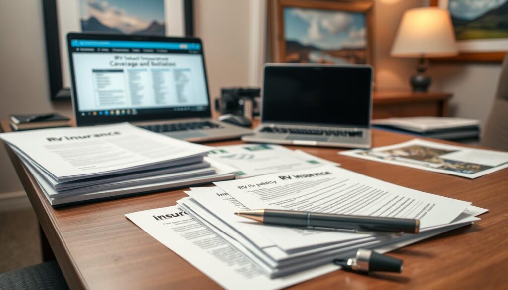 A wide shot of a neatly organized desk displaying various insurance documents, brochures, and a laptop showcasing RV coverage options. The desk is surrounded by a warm, cozy atmosphere with soft lighting and a muted color palette, reflecting the professionalism and attention to detail required for selecting the right North Dakota RV insurance policy. In the foreground, a stack of folders and a pen sit ready to guide the viewer through the different coverage types, while in the background, a framed landscape painting or scenic photograph adds a touch of tranquility, complementing the serious yet thoughtful mood of the scene.
