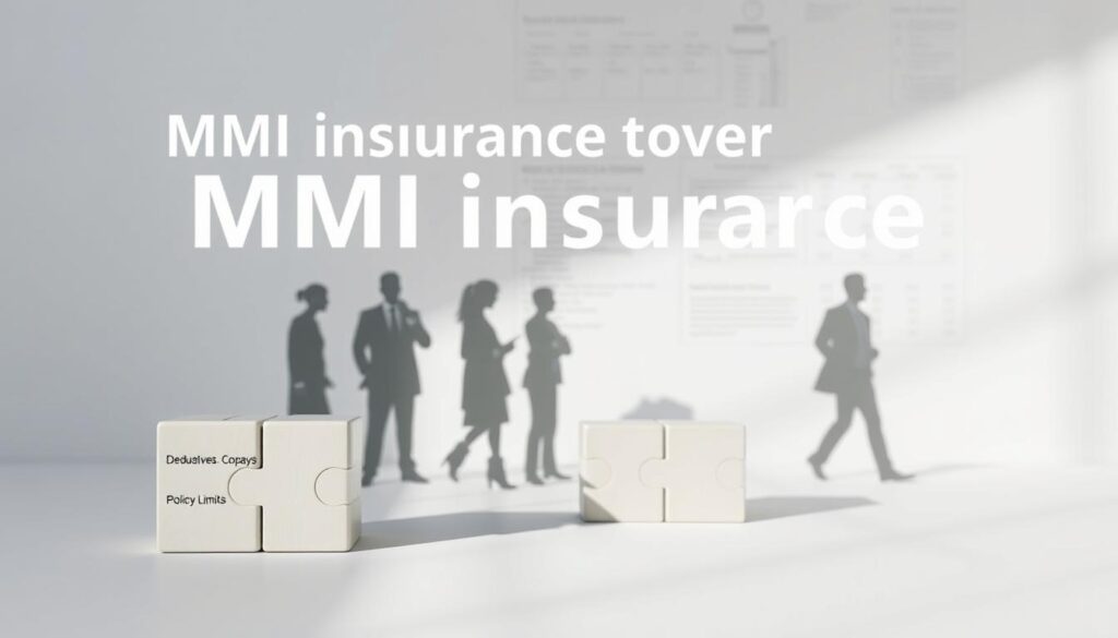 An infographic depicting the essential elements of MMI insurance coverage, set against a clean, minimalist background. In the foreground, a simplified visual metaphor, such as a puzzle or a set of building blocks, represents the key components of the coverage - deductibles, copays, policy limits, and exclusions. The middle ground showcases silhouettes of people interacting with the MMI plan, conveying the real-world application. The background features subtle, geometric patterns suggestive of financial documents or insurance policy details, establishing a professional, trustworthy atmosphere. Soft, directional lighting casts shadows, adding depth and dimension to the composition. The overall tone is informative, accessible, and visually engaging, guiding the viewer through the core aspects of MMI insurance.