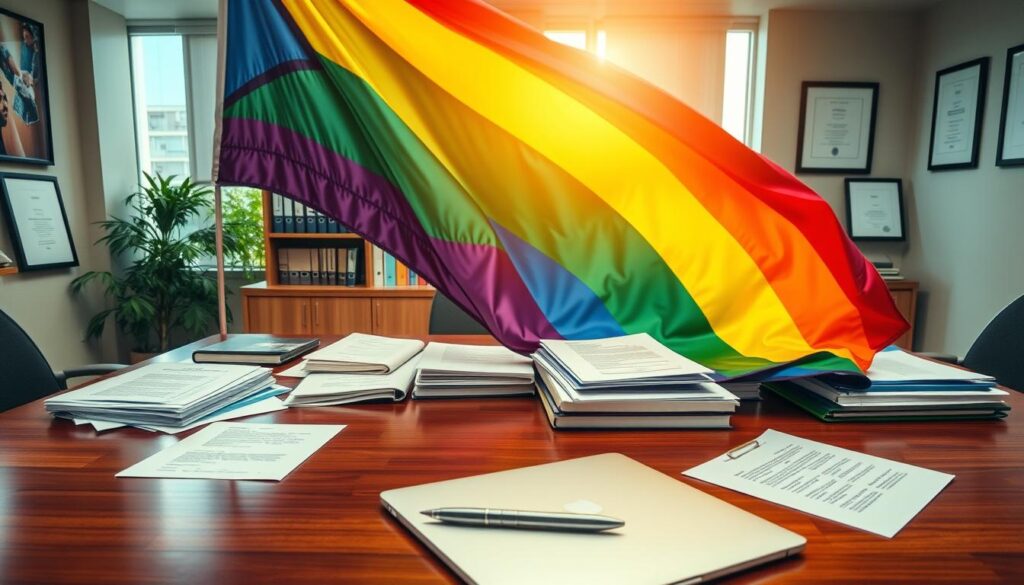 An office interior with a large desk, a Pride flag draped over it, and various insurance-related documents and folders scattered across the surface. Warm, natural lighting filters through large windows, casting a soft glow on the scene. The desk is made of rich, polished wood, and behind it, a bookshelf with colorful binders and certificates hangs on the wall. In the foreground, a laptop and a pen rest on the desk, hinting at the ongoing work of an insurance professional. The overall atmosphere conveys a sense of professionalism, inclusivity, and the importance of protecting one's pride with comprehensive coverage options.