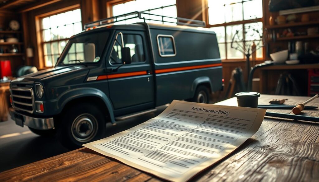 Artisan truck parked in a cozy workshop, sunlight streaming through the windows, illuminating the intricate details of the insurance policy document laid out on a rustic wooden table. The policy is highlighted, showcasing the customized coverage options tailored for the artisan's specialized business needs. Surrounding the scene, an atmosphere of professionalism and craftsmanship, with tools and equipment neatly organized, reflecting the care and attention the artisan puts into their work.
