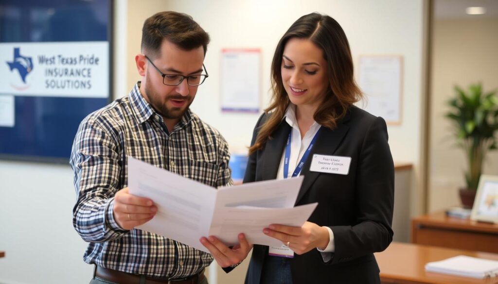 Generate an image of a person reviewing insurance documents with a West Texas Pride Insurance Solutions agent.
