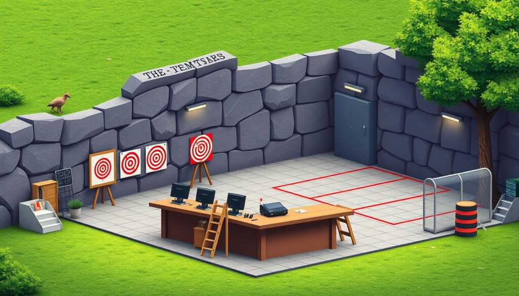 Generate an image of a shooting range with both indoor and outdoor facilities.