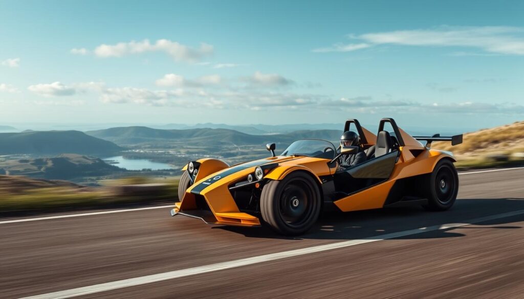Generate an image of an Ariel Atom on the road