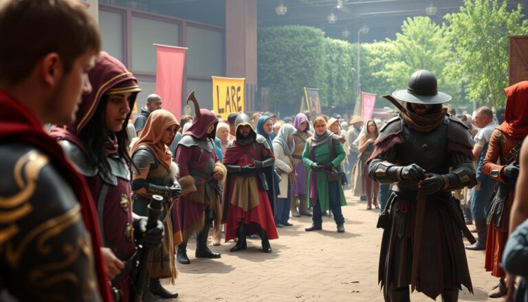 Image of a LARP event with participants in costume, highlighting the importance of safety and insurance.