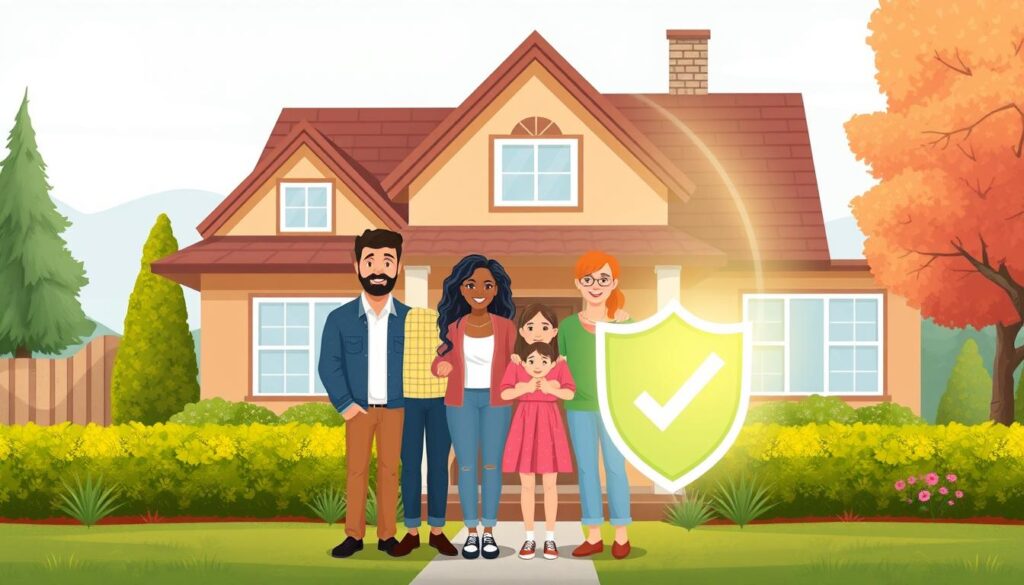Image of a family in front of their home with a clear representation of insurance coverage
