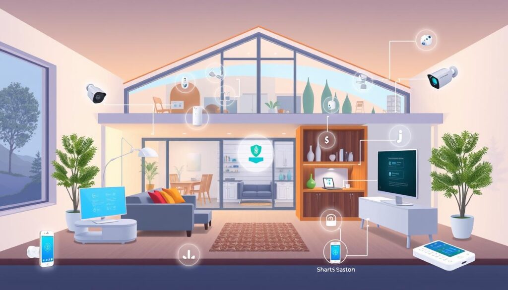 Image of a home with a security system and smart home technology