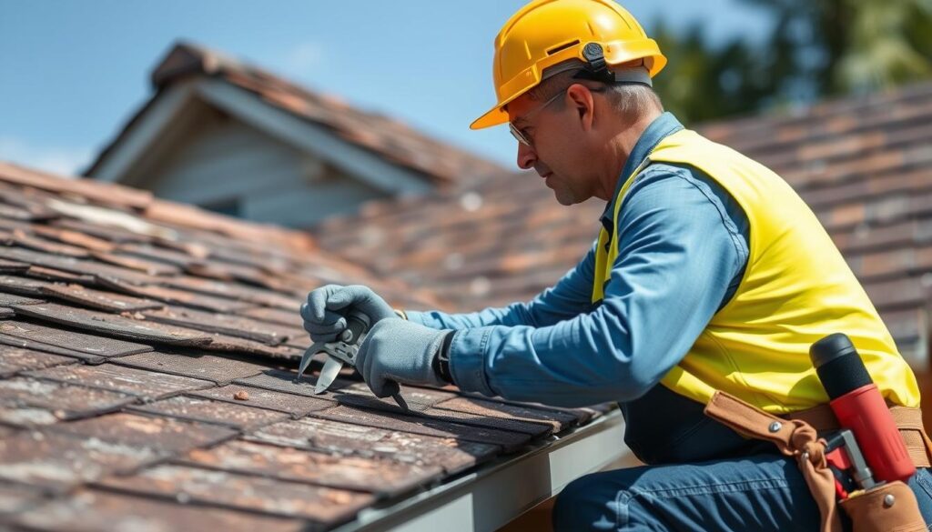Image of a professional roofing contractor inspecting a damaged roof