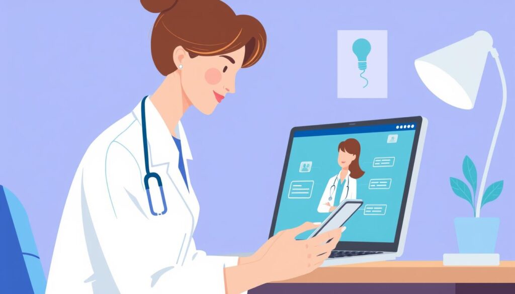 Image of a woman accessing healthcare services through a patient portal on a computer or mobile device.