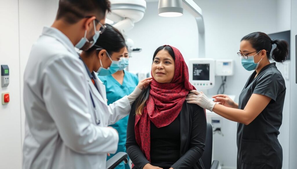 Image of a woman receiving a health checkup