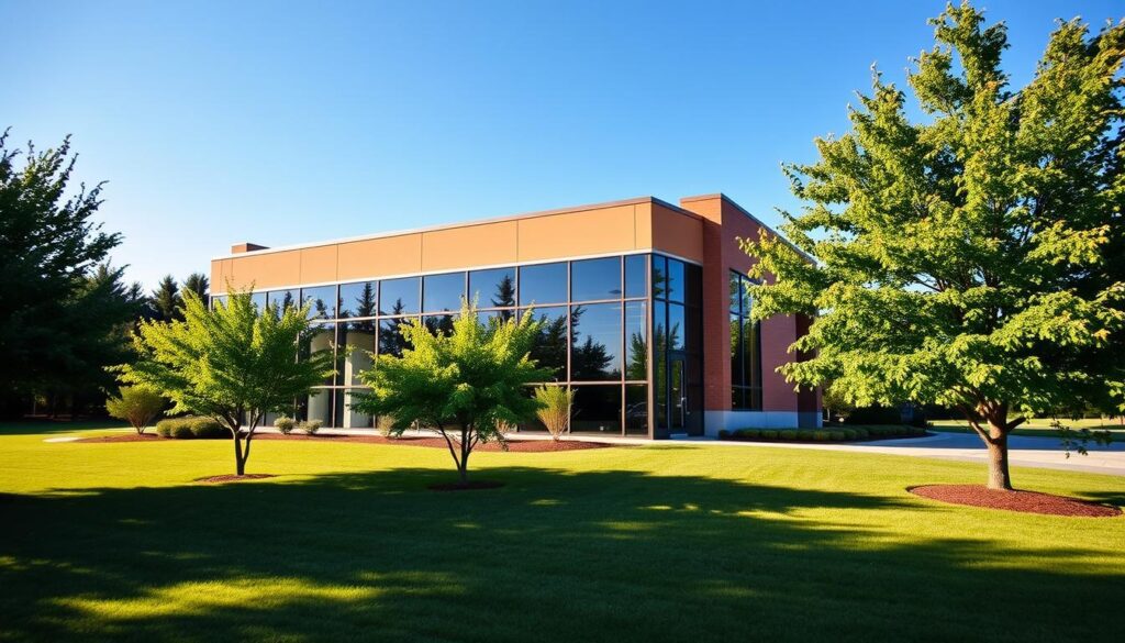 In a serene Ohio landscape, a modern insurance office stands, its glass facade reflecting the blue sky and lush greenery. The building's sleek architecture, accented by clean lines and a warm, earthy palette, conveys a sense of professionalism and reliability. In the foreground, a well-manicured lawn is dotted with flourishing trees, creating a welcoming atmosphere. The lighting is soft and diffused, casting a gentle glow over the scene. The camera angle is slightly elevated, allowing the viewer to take in the entirety of the insurance office and its surrounding environment. This image conveys the trustworthiness and comprehensive protection that Ramos Insurance has provided to its clients since 2011.