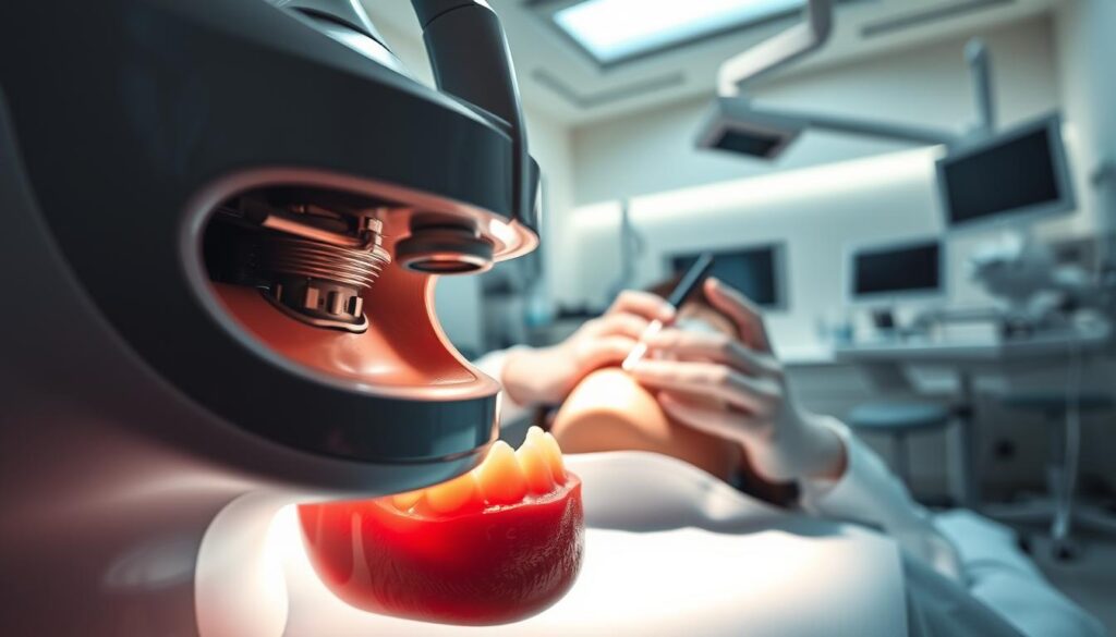 Intricate dental procedure in a high-tech medical setting. The foreground depicts a detailed view of the LANAP laser device, its sleek design and precision components. The middle ground showcases a dentist's hands delicately performing the treatment, with a patient's mouth open, revealing the complexities of the gum tissue. The background features a modern, well-lit dental office, with state-of-the-art equipment and a calming, sterile atmosphere. Dramatic lighting casts shadows, emphasizing the meticulous nature of the procedure. The overall scene conveys the advanced technology and skilled expertise required for LANAP treatment, a crucial factor in its associated costs.
