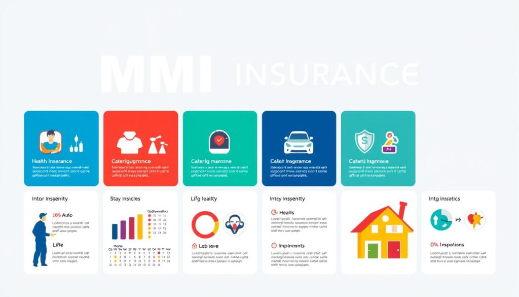 MMI Insurance Benefits Overview. A professional-looking infographic showcasing various types of MMI insurance coverage. Crisp, clean design with bold, high-contrast colors. Sleek, minimalist illustrations depicting different insurance services such as health, life, auto, and home. Infographic elements like charts, icons, and information blocks are neatly arranged in a grid layout. Bright, evenly-lit scene with a slightly muted, corporate color palette. Camera angle is frontal, slightly elevated to create a sense of authority and expertise. Overall, a visually striking, informative visual asset that highlights the key benefits of MMI insurance.